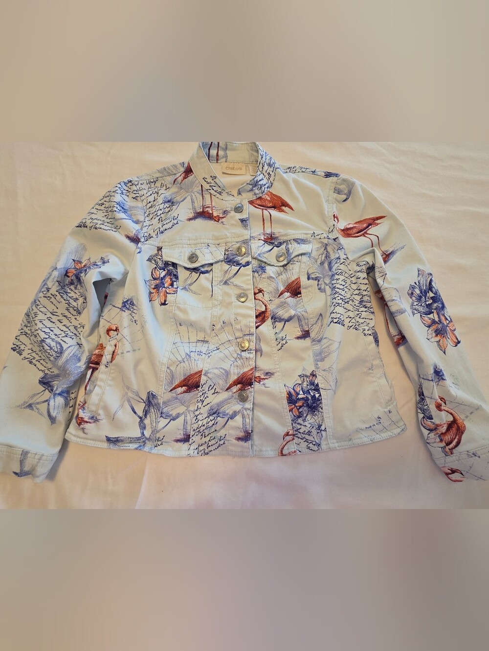Chico's 'BON VOYAGE'Light Blue Printed Denim Jacket with Floral & Bird Motifhico